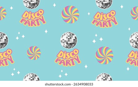 Disco party seamless pattern with discoball and lettering. Pink, yellow colors on blue background. Endless wallpaper in retro style. Pop art print on fabric and paper. Vector design for textile.