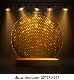 Disco party showcase background with 3d podium, disco ball sequin glitter texture and spot light beams. Disco ball golden background. Vector illustration