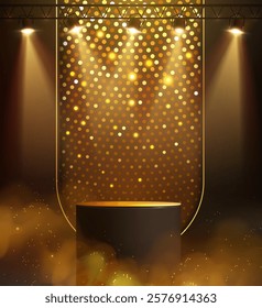 Disco party showcase background with 3d podium, disco ball sequin glitter texture and spot light beams. Disco ball golden background. Vector illustration