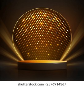 Disco party showcase background with 3d podium, disco ball sequin glitter texture and spot light beams. Disco ball golden background. Vector illustration