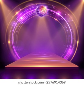 Disco party showcase background with 3d podium, disco ball and spot light beams. Disco ball background. Vector illustration