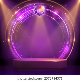 Disco party showcase background with 3d podium, disco ball and spot light beams. Disco ball background. Vector illustration