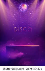 Disco party showcase background with 3d podium, disco ball and spot light beams. Disco ball background. Vector illustration