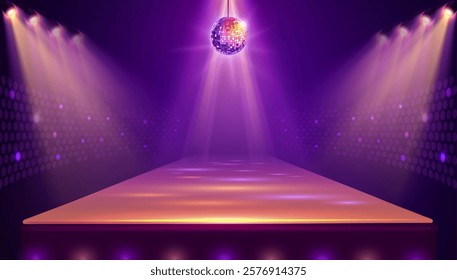 Disco party showcase background with 3d podium, disco ball and spot light beams. Disco ball background. Vector illustration