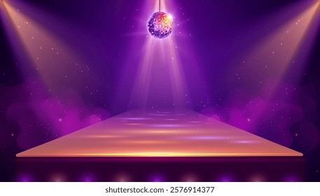 Disco party showcase background with 3d podium, disco ball and spot light beams. Disco ball background. Vector illustration