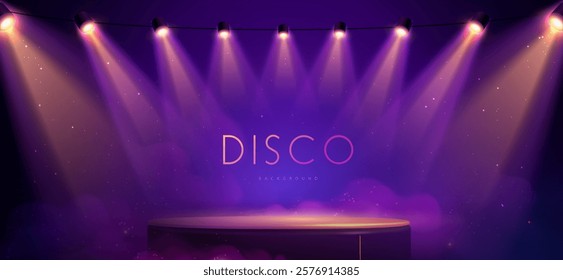 Disco party showcase background with 3d podium, smoke and spot light beams. Disco ball background. Vector illustration