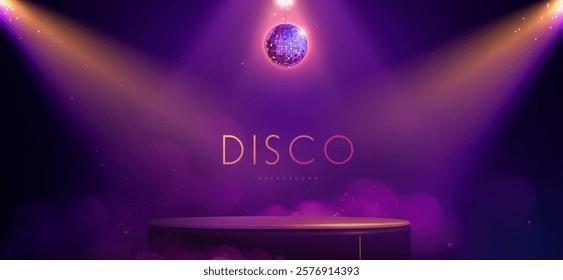 Disco party showcase background with 3d podium, disco ball and spot light beams. Disco ball background. Vector illustration