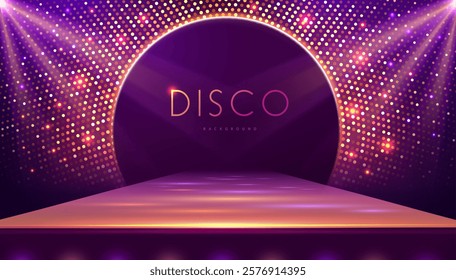 Disco party showcase background with 3d podium, disco ball sequin glitter texture and spot light beams. Disco ball background. Vector illustration