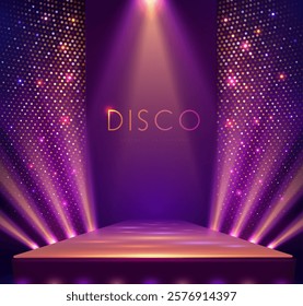 Disco party showcase background with 3d podium, disco ball sequin glitter texture and spot light beams. Disco ball background. Vector illustration