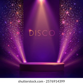 Disco party showcase background with 3d podium, disco ball sequin glitter texture and spot light beams. Disco ball background. Vector illustration