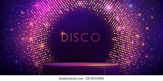 Disco party showcase background with 3d podium  and disco ball sequin glitter texture. Disco ball background. Vector illustration