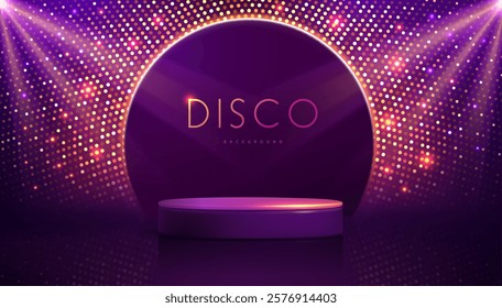 Disco party showcase background with 3d podium, disco ball sequin glitter texture and spot light beams. Disco ball background. Vector illustration