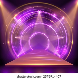 Disco party showcase background with 3d podium, neon light circles and spot light beams. Disco ball background. Vector illustration