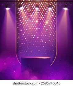 Disco party showcase background with 3d podium, disco ball sequin glitter texture and spot light beams. Disco ball background. Vector illustration