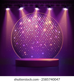 Disco party showcase background with 3d podium, disco ball sequin glitter texture and spot light beams. Disco ball background. Vector illustration