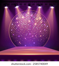 Disco party showcase background with 3d podium, disco ball sequin glitter texture and spot light beams. Disco ball background. Vector illustration