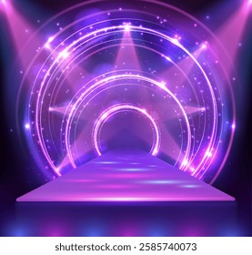 Disco party showcase background with 3d podium, neon light circles and spot light beams. Disco ball background. Vector illustration
