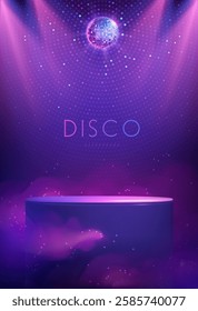 Disco party showcase background with 3d podium, disco ball and spot light beams. Disco ball background. Vector illustration