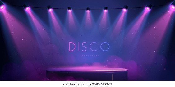 Disco party showcase background with 3d podium, smoke and spot light beams. Disco ball background. Vector illustration