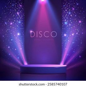 Disco party showcase background with 3d podium, disco ball sequin glitter texture and spot light beams. Disco ball background. Vector illustration