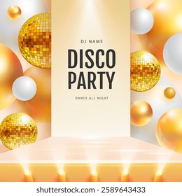 Disco party showcase  background with 3d podium, disco ball spheres and holographic gold spheres. Vector illustration