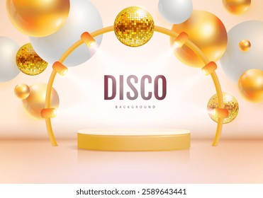 Disco party showcase  background with 3d podium, disco ball spheres and holographic gold spheres. Vector illustration