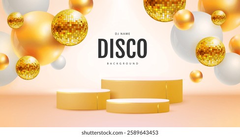 Disco party showcase background with 3d podium, disco ball spheres and holographic gold spheres. Vector illustration