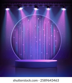 Disco party showcase background with 3d podium, disco neon glitter texture and spot light beams. Disco ball background. Vector illustration