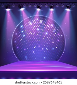 Disco party showcase background with 3d podium, disco ball sequin glitter texture and spot light beams. Disco ball background. Vector illustration