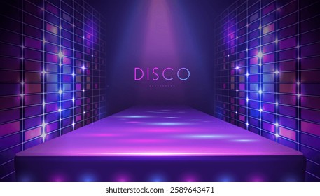 Disco party showcase background with 3d podium, neon rainbow texture and spot light beams. Disco ball background. Vector illustration