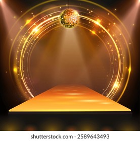 Disco party showcase background with 3d podium, disco ball and spot light beams. Disco ball golden background. Vector illustration