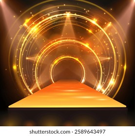 Disco party showcase background with 3d podium, neon light circles and spot light beams. Disco ball golden background. Vector illustration