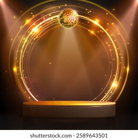 Disco party showcase background with 3d podium, disco ball and spot light beams. Disco ball golden background. Vector illustration