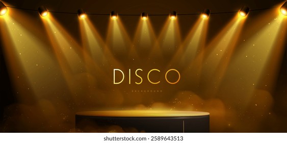 Disco party showcase background with 3d podium, smoke and spot light beams. Disco ball golden background. Vector illustration