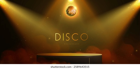 Disco party showcase background with 3d podium, disco ball and spot light beams. Disco ball golden background. Vector illustration