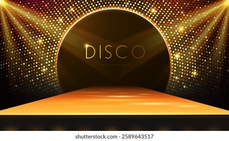 Disco party showcase background with 3d podium, disco ball sequin glitter texture and spot light beams. Disco ball golden background. Vector illustration