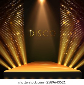 Disco party showcase background with 3d podium, disco ball sequin glitter texture and spot light beams. Disco ball golden background. Vector illustration