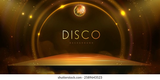 Disco party showcase background with 3d podium, disco ball and spot light beams. Disco ball golden background. Vector illustration