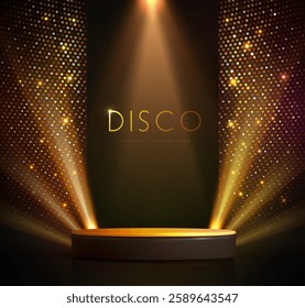 Disco party showcase background with 3d podium, disco ball sequin glitter texture and spot light beams. Disco ball golden background. Vector illustration