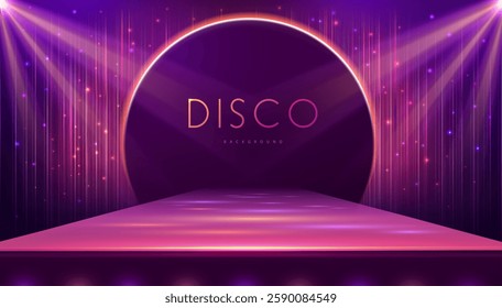 Disco party showcase background with 3d podium, disco neon glitter texture and spot light beams. Disco ball background. Vector illustration