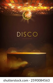 Disco party showcase background with 3d podium, disco ball, neon rainbow square texture and smoke. Disco ball golden background. Vector illustration