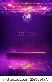 Disco party showcase background with 3d podium, disco ball, neon rainbow square texture and smoke. Disco ball background. Vector illustration