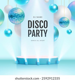 Disco party showcase background with 3d podium, disco ball spheres and holographic blue spheres. Vector illustration