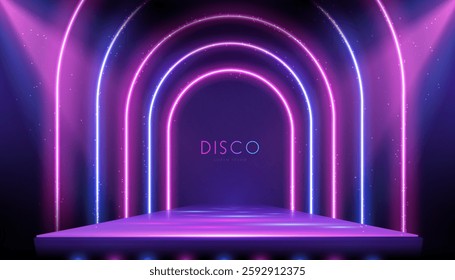 Disco party showcase background with 3d podium, colorful neon arches and spot light beams. Vector illustration