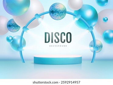 Disco party showcase background with 3d podium, disco ball spheres and holographic blue spheres. Vector illustration
