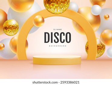 Disco party showcase  background with 3d podium, disco ball spheres and holographic gold spheres. Vector illustration