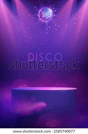 Disco party showcase background with 3d podium, disco ball and spot light beams. Disco ball background. Vector illustration