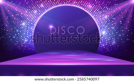 Disco party showcase background with 3d podium, disco ball sequin glitter texture and spot light beams. Disco ball background. Vector illustration