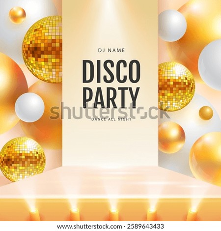 Disco party showcase  background with 3d podium, disco ball spheres and holographic gold spheres. Vector illustration