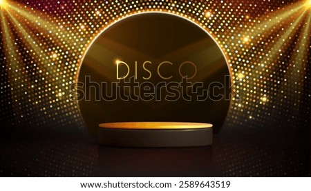 Disco party showcase background with 3d podium, disco ball sequin glitter texture and spot light beams. Disco ball golden background. Vector illustration